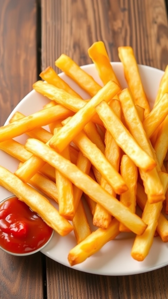 Crispy air fryer French fries on a plate with ketchup.